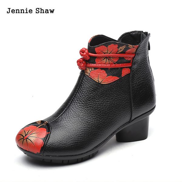 

zapatos invierno para mujer, botas con estampado flores de cuero genuino, tacn medio, Black