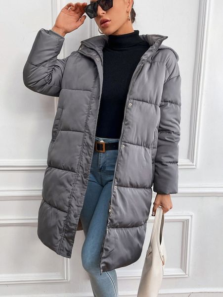 

drop shoulder hooded zipper puffer coat s3fe#, Black