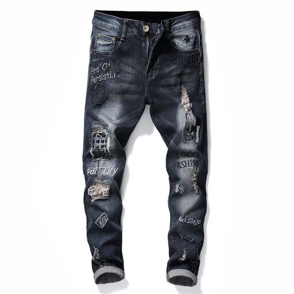 

men's fashion trend loose straight jeans mens retro denim pants biker, Blue