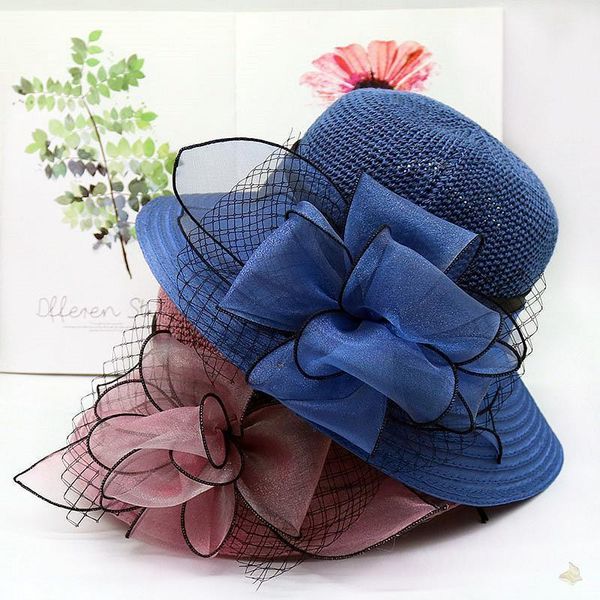 

wide brim hats 2021 collapsible bow sun hat floppy summer lace for women beach panama straw dome bucket shade, Blue;gray