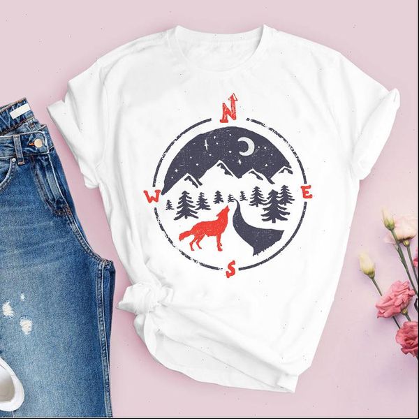 

women printing graphic animal womens t shirt mountain moon night cartoon 90s print lady tees clothing female, White