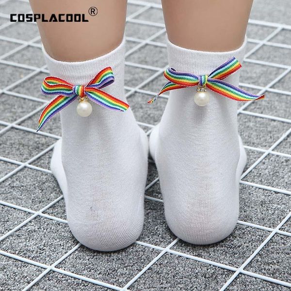 

[cosplacool]harajuku creative rainbow bowknot socks femme bow pearl skarpetki fashion women meias art calcetines mujer & hosiery, Black;white