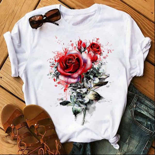 

rose graphic vintage womens t shirts short sleeve printed fashion flower camisas mujer, White