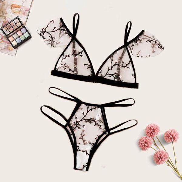 

bras 3/4 cup bra set underwear ladies breathable comfortable sleep transparent sexy, Red;black