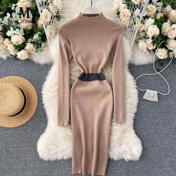 

yuoomuoo sweater dress 2021 fashion shining waist design long sleeve knit all match casual winter women bodycon dresses, Black;gray