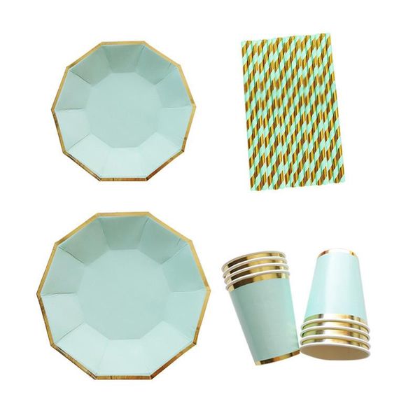 

disposable dinnerware gold blocking tableware mint green one-off paper plates cup straws birthday party wedding carnival supplies