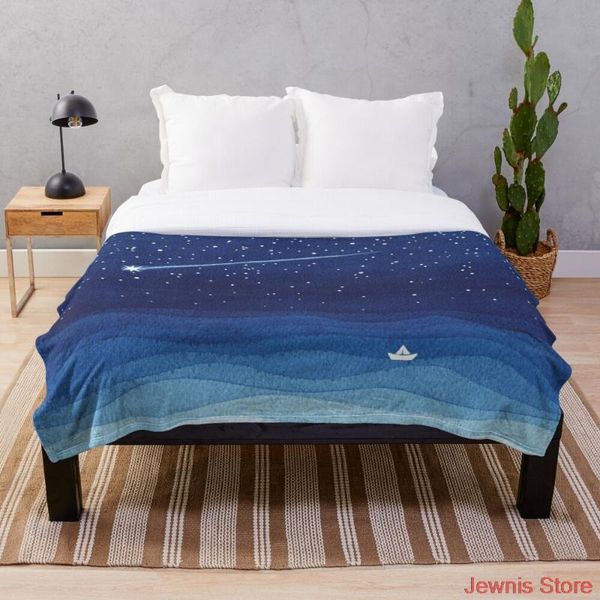 

blankets falling star shooting sailboat ocean waves blue sea blanket print on demand decorative sherpa for sofa bed gift