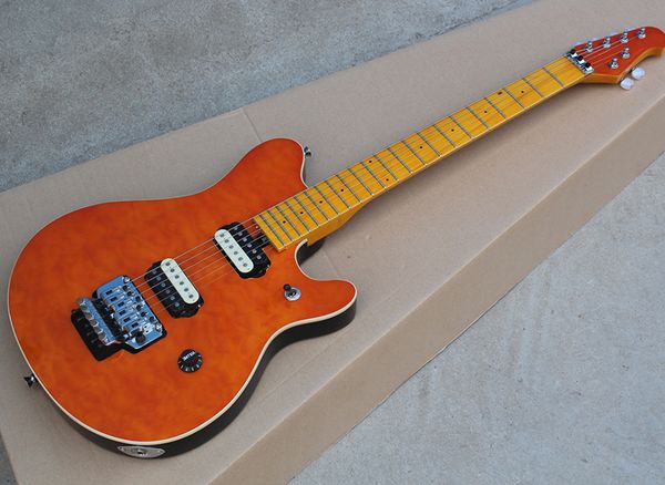 

6 strings orange electric guitar with tremolo bridge,quilted maple veneer,maple fretboard,customizable