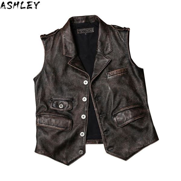 

vintage brown 2021 men spring casual leather vest large size xxxl genuine cowhide russian short slim fit natural men's vests, Black;white