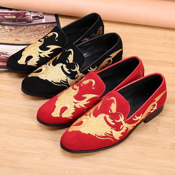 

dress shoes red black flats loafers genuine leather slip on boats groom wedding dragon embroidery mens casual plus size 46