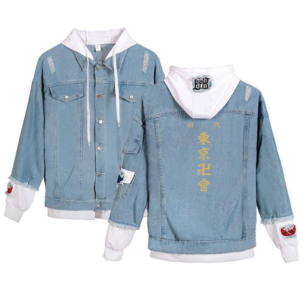 

men's jackets japan anime tokyo revengers denim jacket sweatshirts fashion men women long sleeve fake two pieces jean-jackets harajuku, Black;brown