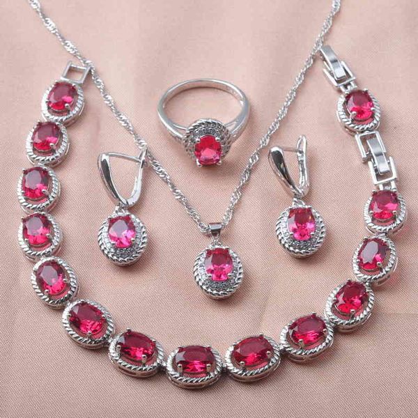 

bridal red zircona jewelry sets for women silver color rings bracelet necklace and earrings set yz0655