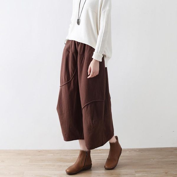 

skirts 2021 fashion long mid-calf a-line for women elastic waist autumn and winter cotton linen thick, Black