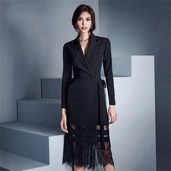 

spring lace up blazer patchwork dress women fashion long sleeve hollow out empire mid dresses 210603, Black;gray