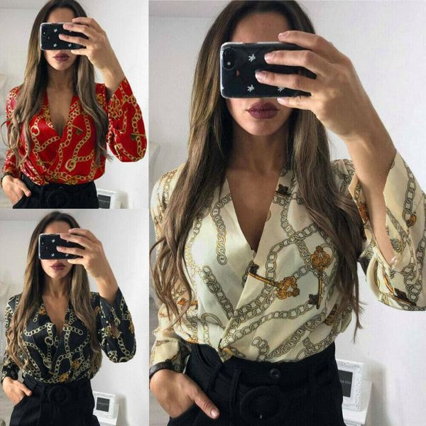 

women's jumpsuits & rompers brand vintage silk womens jumpsuit long sleeve chain print ladies deep v neck key printed satin bodysu, Black;white