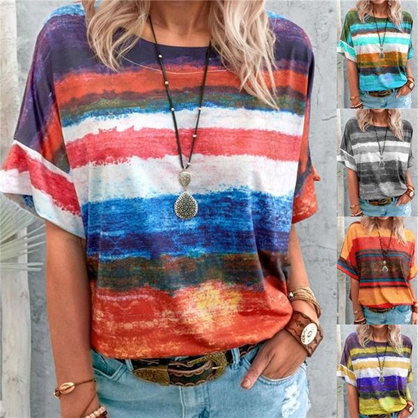 

women's t-shirt tie dye gradient women print t shirt 2021 summer o-neck loose casual streetewear ladies tee top, White