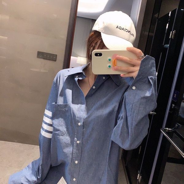 

denim blue 2021 spring autumn washed cotton men's and women's same four bar solid color casual shirt loose, White