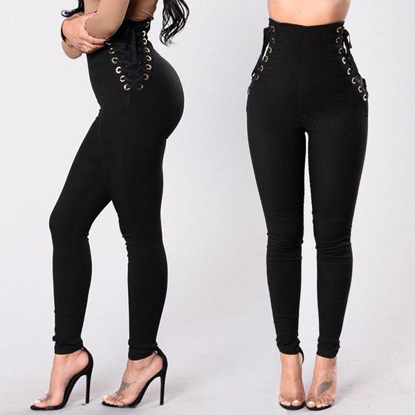 

women's pants & capris women fitness stretch high waist slim casual lace up bandage trousers clothing female apparel, Black;white