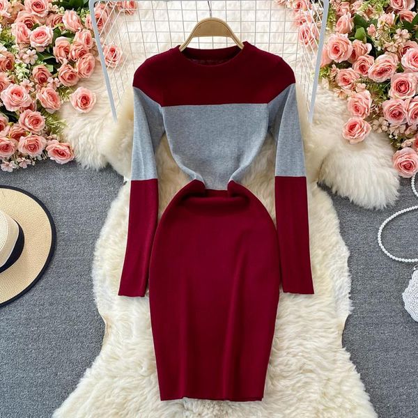 

casual dresses 2021 autumn and winter clothes korean version contrast color elastic knitted bottomed hip wrap dress long sleeve o-neck, Black;gray