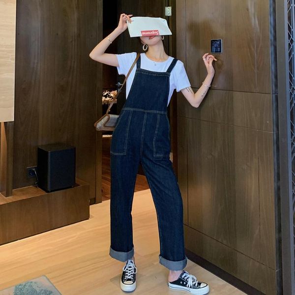 

women's jeans women denim overalls loose casual straight blue suspender trousers female streetwear hip hop straps jumpsuit romper