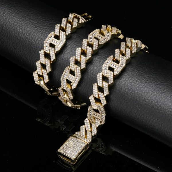 

chains 16mm prong baguette curb chain necklace thin and flat white gold link hip hop rappers luxury jewelry gift party, Silver