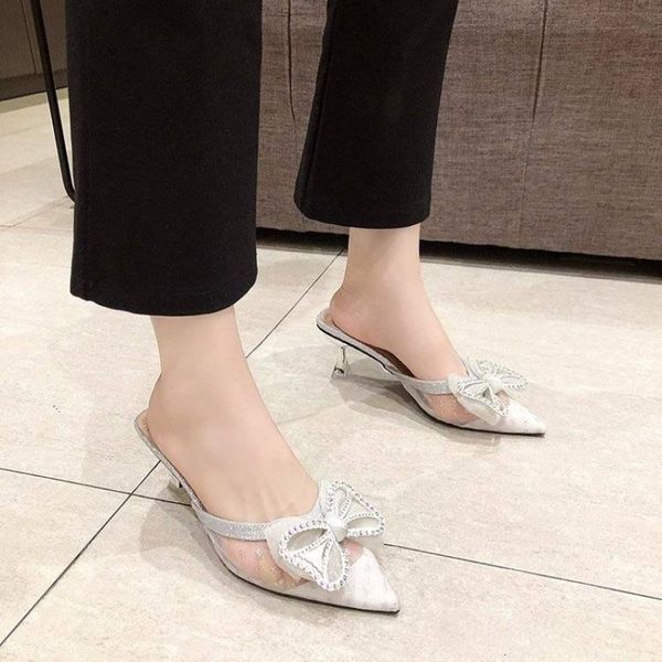 

luxury slippers mh breathable high-heeled slippers 2021 versatile bow pointed half trailer women's thin heel baotou sandal, Black