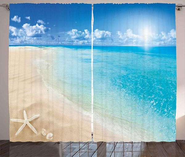 

curtain & drapes beach curtains sunny summer seashore with clear sky seashells starfish clouds living room bedroom window home decor