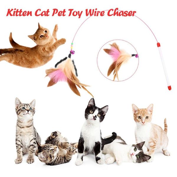 

cat toys fun feather dangler bell wand teaser rod play pet game colorful