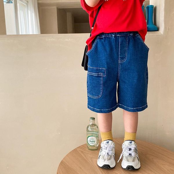 

trousers boys summer elastic cotton knee length denim pants 1-7 years kids thin loose all-match jeans, Blue