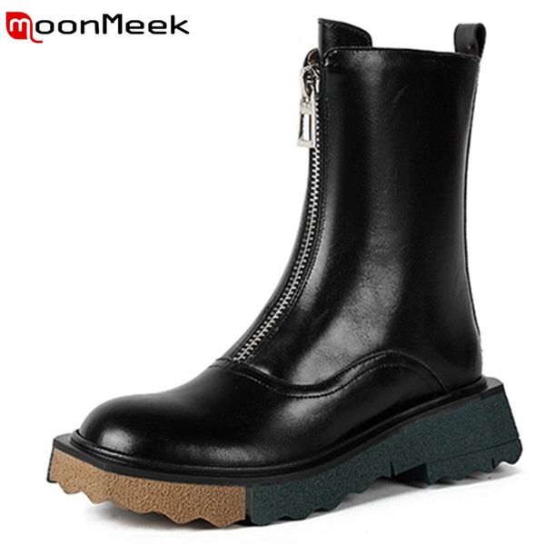 

boots moonmeek 2022 arrival genuine leather shoes zipper women winter comfortable ladies, Black
