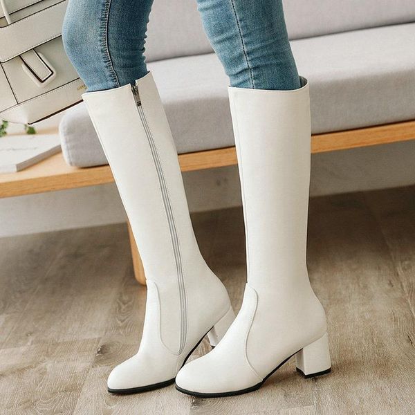 

boots black white autumn women comforty sqaure high heel knee fashion zipper winter plush long big size 42 43
