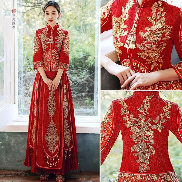 

embroidery flower formal marry dress royal wedding cheongsam bride vintage chinese traditional tang suit qipao ethnic clothing, Red