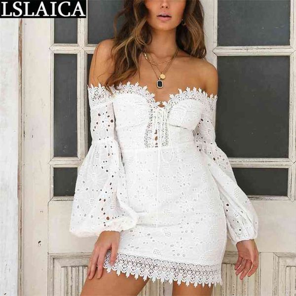 

white lace dress lantern sleeve high waist off the shoulder slim women's summer evening party club mini bodycon 210515, Black;gray