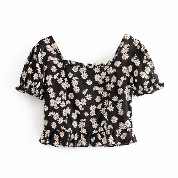 

women sweet daisy printed ruffles short blouse vintage fashion square collar sleeve shirts girls chic 210531, White