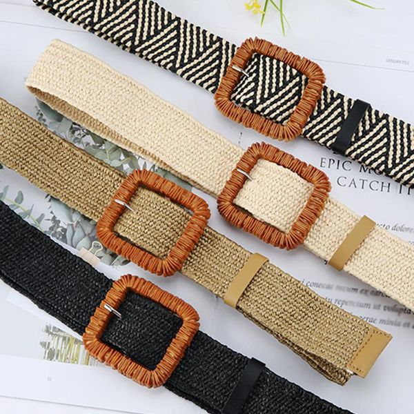 

belts retro braided wide belt for women bohemian handmade fake straw weave dress fashion plastic square buckle wasitband, Black;brown