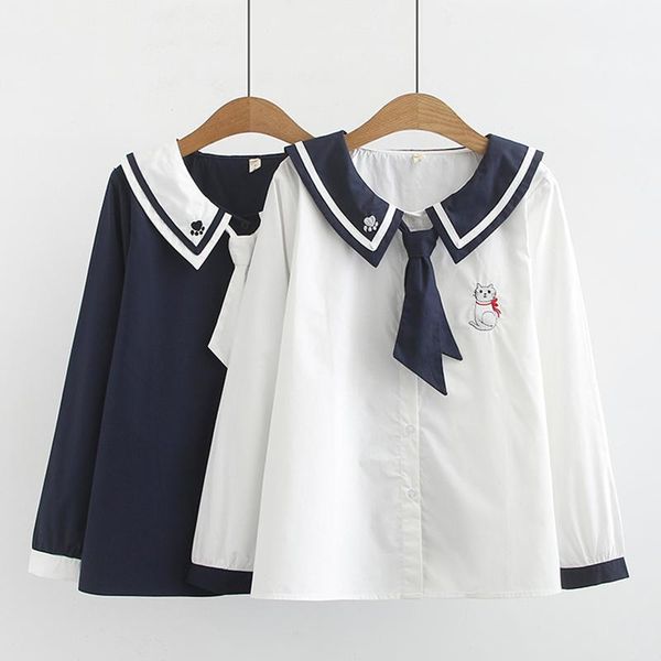 

women's blouses & shirts spring autumn preppy style sweet shirt wonen clothing cartoon embroidery sailor collar long sleeved female u0, White