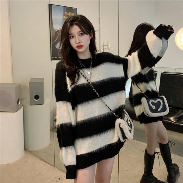 

women's sweaters real s korean style autumn and winter loose brushed knitted sweater.kio, White;black