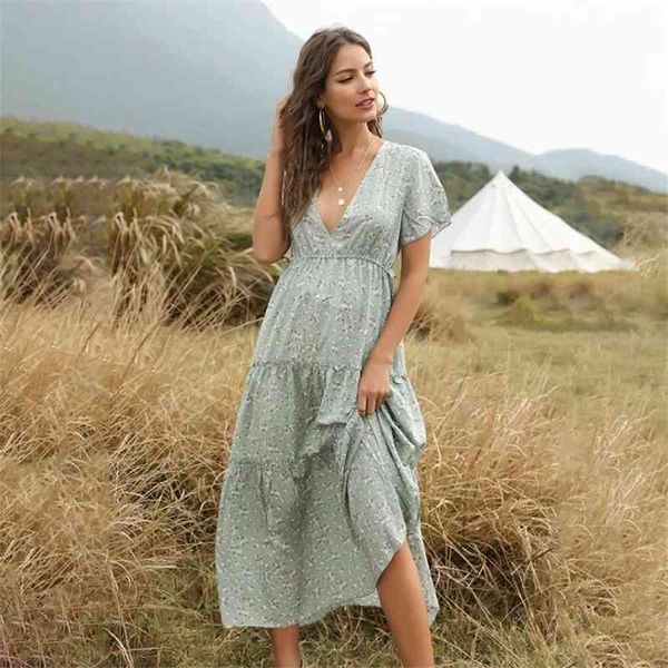 

summer beach holiday dress women casual floral print elegant boho long dress ruffle short-sleeve v-neck party robe 210426, Black;gray