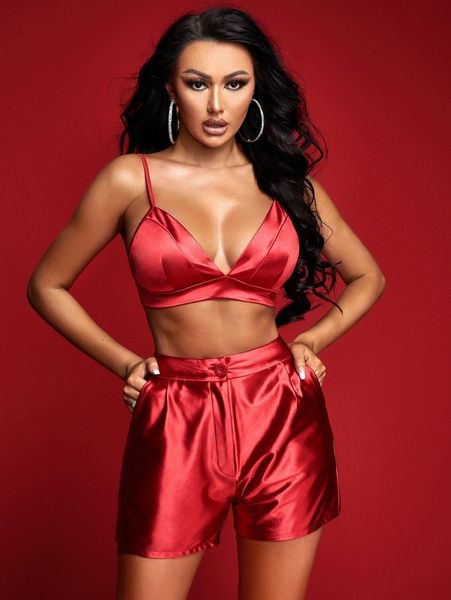 

sxy open back satin crop cami & shorts set c4j9#, White
