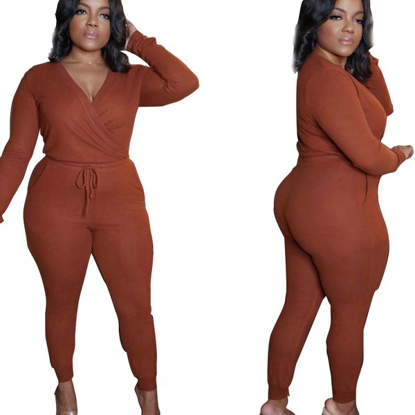 

plus size jumpsuits european and american women's clothing solid color v-neck skinny plus-size jumpsuit l-xxxxl, Black