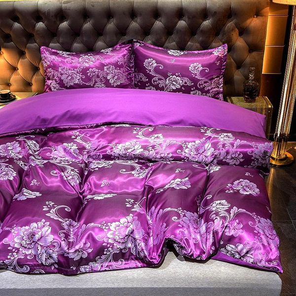 

bedding sets luxury duvet cover set jacquard soft satin silky down pillowcase with zipper seal, purple home textile