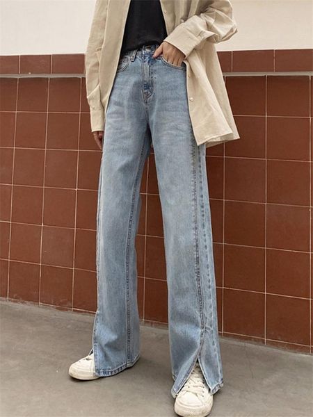 

high waist denim split wide leg pants spring and autumn style 2021 ladies loose all-match straight women's jeans, Blue