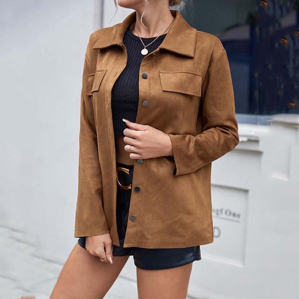 

women's jackets casual woman suede coats 2021 autumn winter fashion turndown collar long sleeve coat ladies elegant, Black;brown