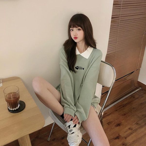 

fall clothing fashion for women cartoon fish bone printed hoodies turn-down collar sweatshirts cotton pullover sweat femme women's &, Black