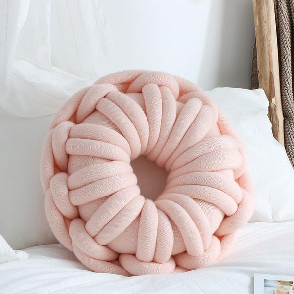 Kissen/Dekokissen, handgefertigt, ringförmig, geknotet, Persönlichkeitsring, Donut-Taillenkissen, zartes Rosa, 39 cm