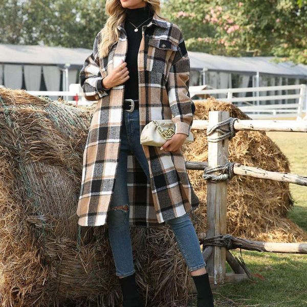 

women's trench coats 2021 fashion women lattice coat single breasted lapel long sleeve pocket autumn winter warm casual western style, Tan;black