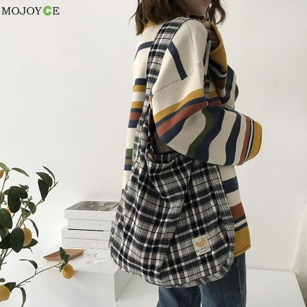 

evening bags plaid women simple shoulder bag soft cloth fabric handbag large capacity cotton tote sanded canvas for pretty young girls