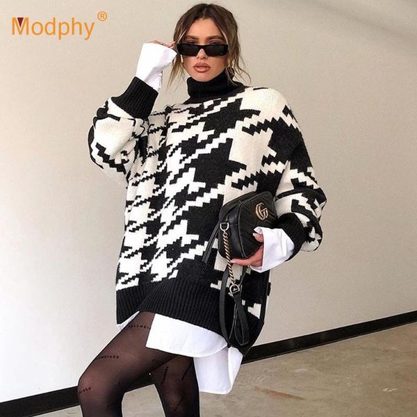 

women's sweaters 2021 winter high neck long sleeve geometric houndstooth loose pullover sweater fashion casual knitted, White;black