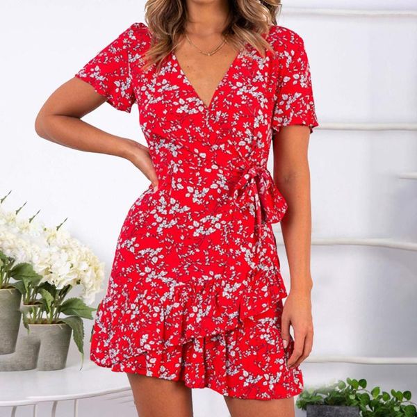 

casual dresses bohemian flower print ruffle beach dress women's summer short-sleeved v-neck butterfly lace-up vestidos, Black;gray