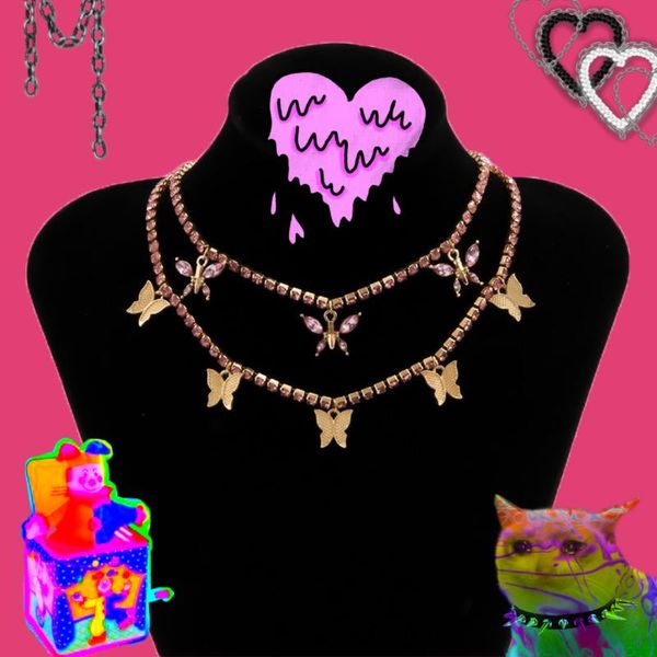 

pendant necklaces y2k double crystal butterfly choker for women metal vintage charms punk animal necklace gossip girls 90s style jewelry, Silver